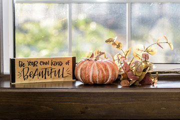 Fall decor with pumpkin and sign