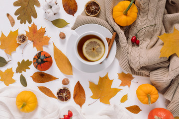Flat lay of beautiful decorative pumpkins, warm sweater, yellow leaves, cup of tea with lemon and cinnamon sticks on white background. Top view, autumn, fall, thanksgiving day concept.