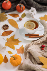Cup of tea with slice of lemon, pumpkins and colorful autumn leaves. Fall colors, cozy home atmosphere concept.