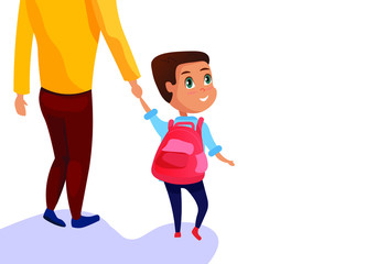 Child with backpack holding fathers hand and going to school. Back to school concept.