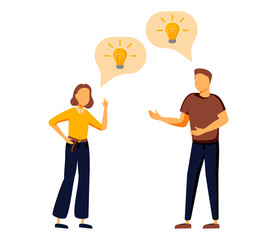 Fototapeta na wymiar Vector illustration of Young people have idea. Couple having solution, ideas lamp bulb metaphor in speech bubble above. Solved question. Creative thinking. Man and woman on white background.
