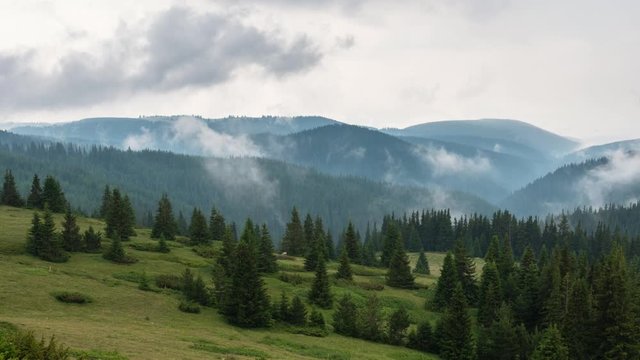 Time lapse with playful, fast-moving morning mists over the tree-covered mountain slopes, Rhodope mountains in Bulgaria