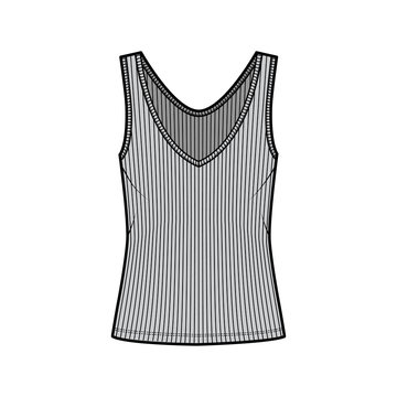 Ribbed open-knit tank technical fashion illustration with oversized body, deep V-neckline, elongated hem. Flat outwear top apparel template front, grey color. Women, men unisex shirt CAD mockup