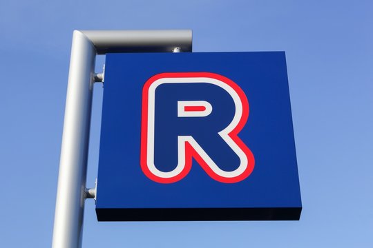Stilling, Denmark - July 16, 2019: Rema 1000 logo on a signboard. Rema 1000 supermarkets mainly operates in Norway and Denmark