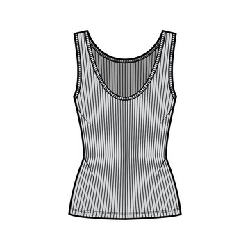 Ribbed open-knit tank technical fashion illustration with fitted body, deep scoop neck, elongated hem. Flat outwear top apparel template front, grey color. Women, men unisex shirt CAD mockup