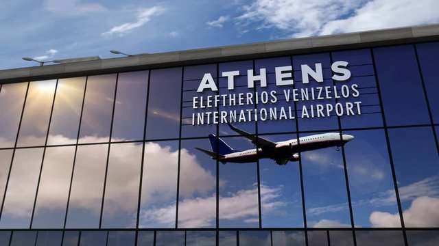 Jet aircraft landing at Athens, Greece 3D rendering animation. Arrival in the city with the glass airport terminal and reflection of the plane. Travel, business, tourism and transport concept.