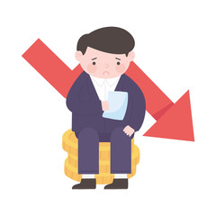 bankruptcy businessman on coins money falling arrow business process financial crisis