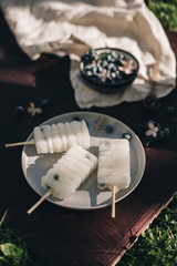 Vegetarian ice cream. On the plate are three white fruit ice creams on a stick. Next is a bowl with blueberries and flowers. Wooden background. Fruit ice cream recipe. Cook at home.