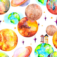 Obraz na płótnie Canvas Seamless pattern of space and bright planets: Earth, Saturn, Mars, mercury and Venus with bright houses and stars on a white background. Watercolor illustration for textiles, Wallpapers.
