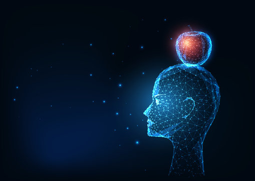 Futuristic glowing low polygonal human head and red apple isolated on dark blue