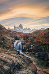Beautiful mountains and waterfalls, stunning sceneries, popular tourist attractions. The location is in the Glacier National Park, Argentina.