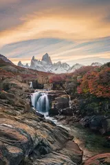 Beautiful mountains and waterfalls, stunning sceneries, popular tourist attractions. The location is in the Glacier National Park, Argentina.