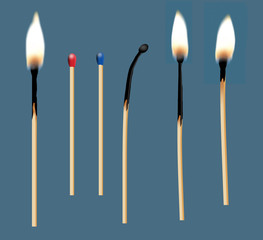 Wooden matches, some burning some not, are seen in this illustration isolated on a blue background.