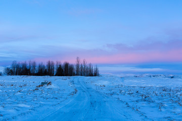 Obraz premium Iceland's incredible fields and plains landscape in winter. The ground is covered with snow. Large spaces. The beauty of winter nature