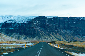 breathtaking winter landscape of Iceland. View from the road. Unusual beauty of nature