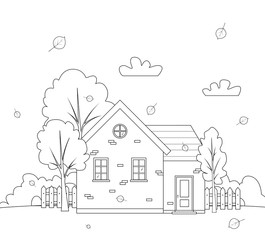 Autumn landscape with country house. City landscape. Outline house, architecture. Vector lineart illustration for coloring book