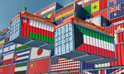 Freight containers with Kuwait and Oman flag. 3D Rendering 