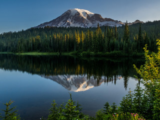 July early morning on the Reflection Lakes in Mount Rainier National Park