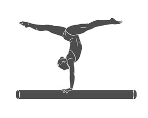 Silhouette female athlete doing a complicated exciting trick on gymnastics balance beam on a white background. Vector illustration