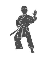 Silhouette young boy in kimono training karate on a white background. Vector illustration © kapona