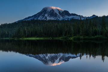 July early morning on the Reflection Lakes in Mount Rainier National Park