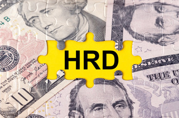 Fototapeta premium Puzzle with the image of dollars in the center of the inscription -HRD