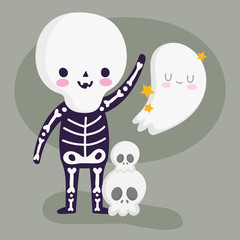 happy halloween, skeleton costume ghost and skulls trick or treat party celebration