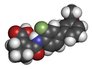 Vidofludimus drug molecule (DHODH inhibitor). 3D rendering. Atoms are represented as spheres with conventional color coding: hydrogen (white), carbon (grey), nitrogen (blue), oxygen (red), etc