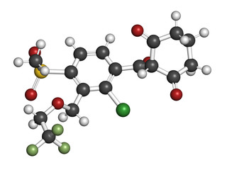 Tembotrione herbicide molecule. 3D rendering. Atoms are represented as spheres with conventional color coding: hydrogen (white), carbon (grey), nitrogen (blue), oxygen (red), etc