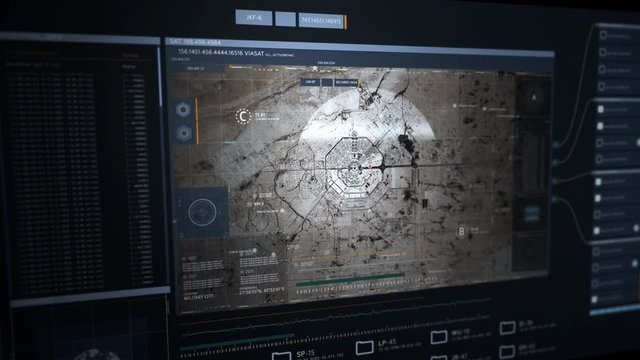 The spy military base is shown on the screen. Located in the Military City. Scanning the designated radius inside of the base. Searching for the illegally transported weapons. Computer user interface