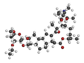Spinetoram insecticide molecule. 3D rendering. Atoms are represented as spheres with conventional color coding: hydrogen (white), carbon (grey), nitrogen (blue), oxygen (red).