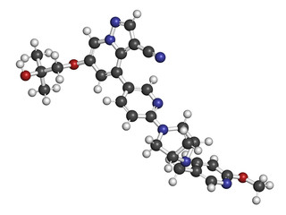 Selpercatinib cancer drug molecule. 3D rendering. Atoms are represented as spheres with conventional color coding: hydrogen (white), carbon (grey), nitrogen (blue), oxygen (red).