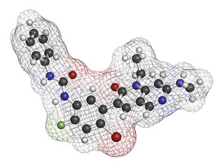 Obraz premium Ripretinib cancer drug molecule. 3D rendering. Atoms are represented as spheres with conventional color coding: hydrogen (white), carbon (grey), nitrogen (blue), oxygen (red), etc