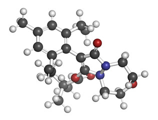 Pinoxaden herbicide molecule. 3D rendering. Atoms are represented as spheres with conventional color coding: hydrogen (white), carbon (grey), nitrogen (blue), oxygen (red).
