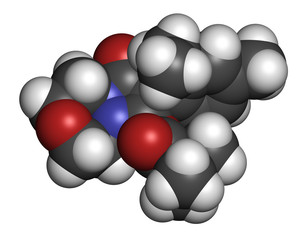 Pinoxaden herbicide molecule. 3D rendering. Atoms are represented as spheres with conventional color coding: hydrogen (white), carbon (grey), nitrogen (blue), oxygen (red).