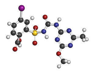 Iodosulfuron herbicide molecule. 3D rendering. Atoms are represented as spheres with conventional color coding: hydrogen (white), carbon (grey), nitrogen (blue), oxygen (red), etc