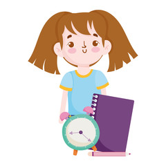 back to school, student girl notebook clock time elementary education cartoon