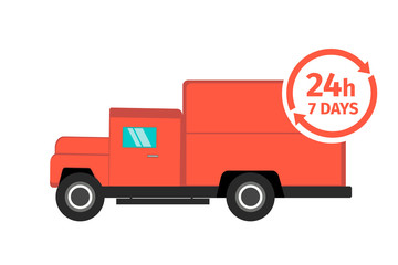 Red delivery truck on white background. Delivery around the clock, 24 hours 7 days a week. Delivery service concept. Vector illustration.