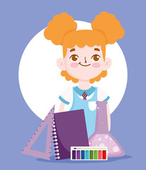 back to school, student girl book ruler palette color chemistry flask elementary education cartoon