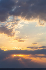 The evening sunset. Panorama. Majestic Storm Clouds. Tragic gloomy sky.