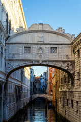 Bridge of Sighs (Ponte dei Sospiri) Arched bridge named for sighs of prisoners crossing it en route from the Palazzo Ducale to prison. Venice. Italy