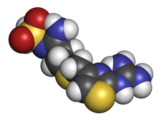 Famotidine drug molecule. 3D rendering. Atoms are represented as spheres with conventional color coding: hydrogen (white), carbon (grey), nitrogen (blue), oxygen (red), sulfur (yellow).