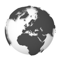 Earth globe. 3D world map with white lands dropping shadows on light grey seas and oceans. Vector illustration