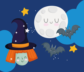 Naklejka premium happy halloween, witch face bats moon night sky stars trick or treat party celebration
