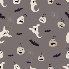 Halloween seamless pattern isolated on white background. Pumpkins, bats,  ghosts.