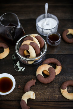 Chocolate chip cookies on the table. Table setting for breakfast. Tea party with sweets. Abbracci. Italian bisquits.