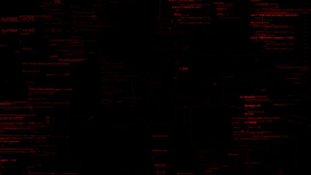 Flying backwards through the symbols of computer code. Animation. Abstract cyberspace with multiple options of red color on black background, seamless loop.