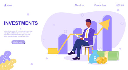 Web page Investments template with successful broker or businessman in front of ascending bar and arrow graphs with dollars, colored vector illustration. Web page template