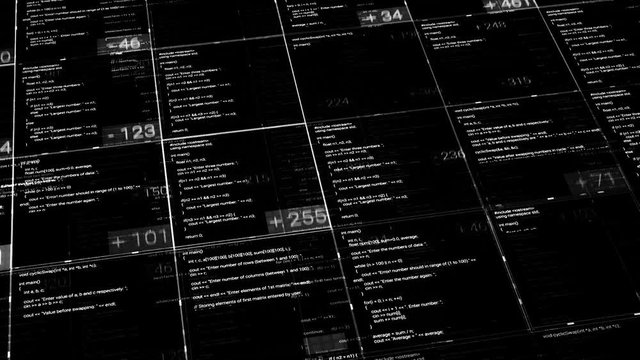 White linux terminal commands on black background, seamless loop. Animation. Software lines running on computer monitor, monochrome.