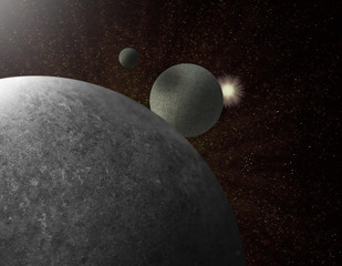 planets and sun on black sky with stars